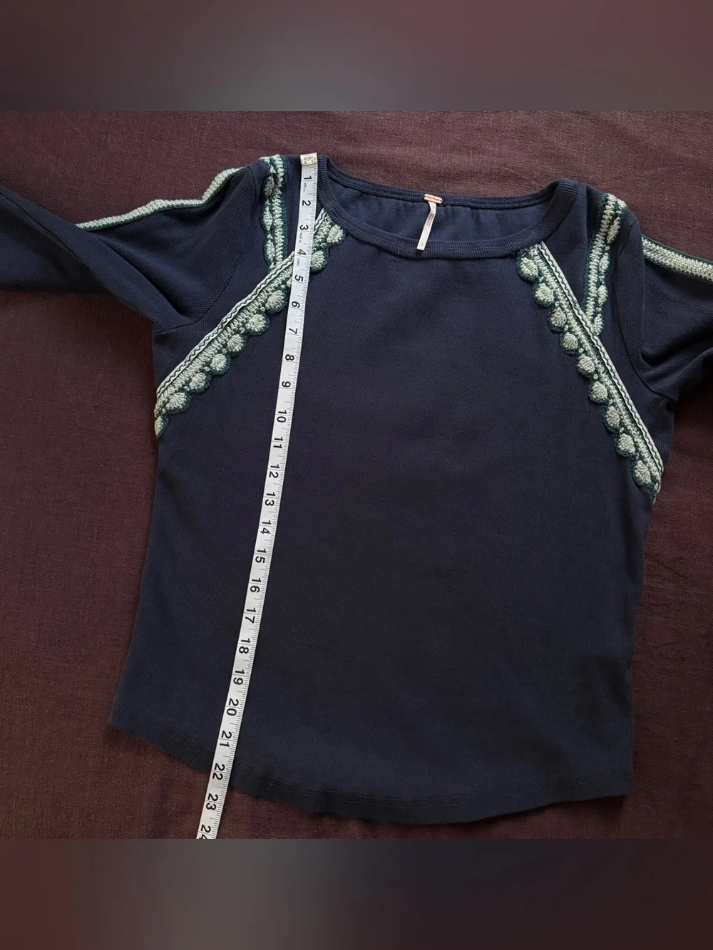 Free People Lost Love Long Sleeve Top Navy Crochet Trim Size L